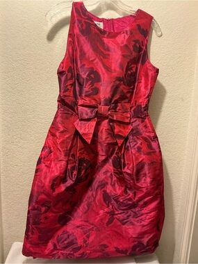 Helene Berman Red and Burgundy Floral Satin Dress with Waist Bow
